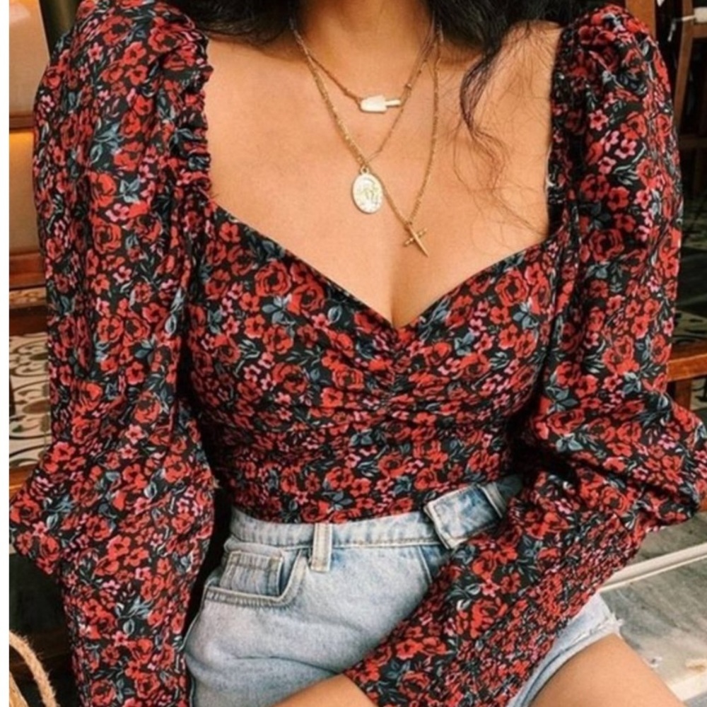 Zara Puff Sleeve Floral Crop Top Rose Print Sweetheart Ruched Blouse Size M - Picture 3 of 15